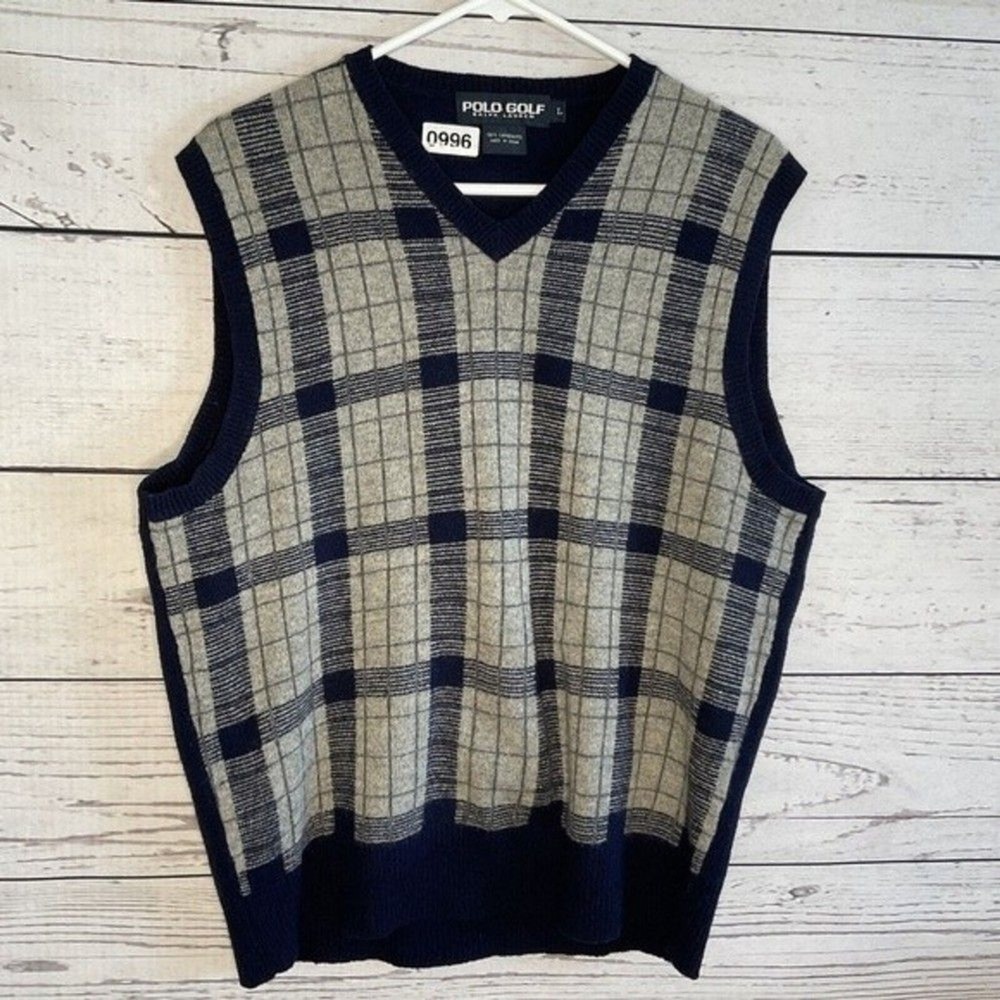 VTG Polo Golf Ralph Lauren Windowpane V-Neck Sweater Vest Men L China LambsWool